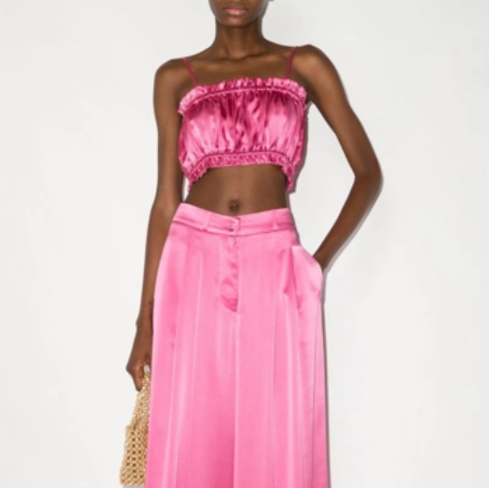 Pink Ruched 100% Silk Crop Top